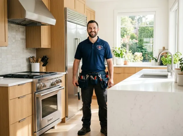 Appliance Repair Hero technician in a Bennington, NE kitchen after an appliance repair