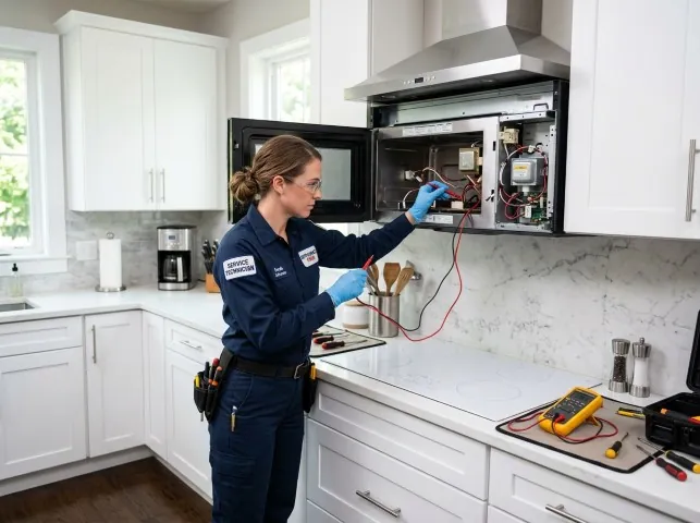 Appliance Repair Hero technician testing an over-the-range microwave in a Bennington, NE kitchen